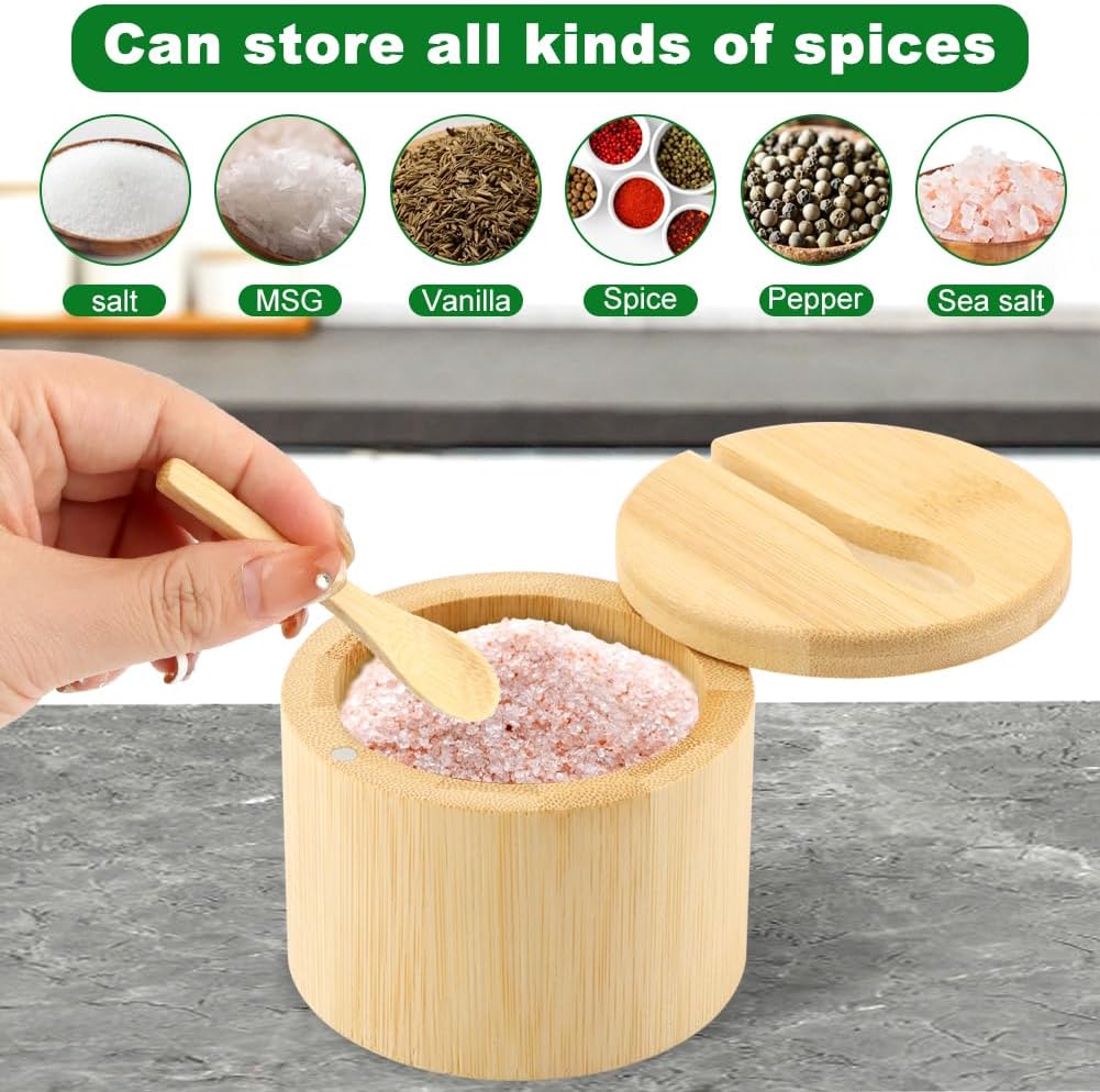 Bamboo Salt Cellar with Magnetic Swivel Lid & Spoon, Spice Box Bowl Storage Box Salt Container to Storage - Set of 2