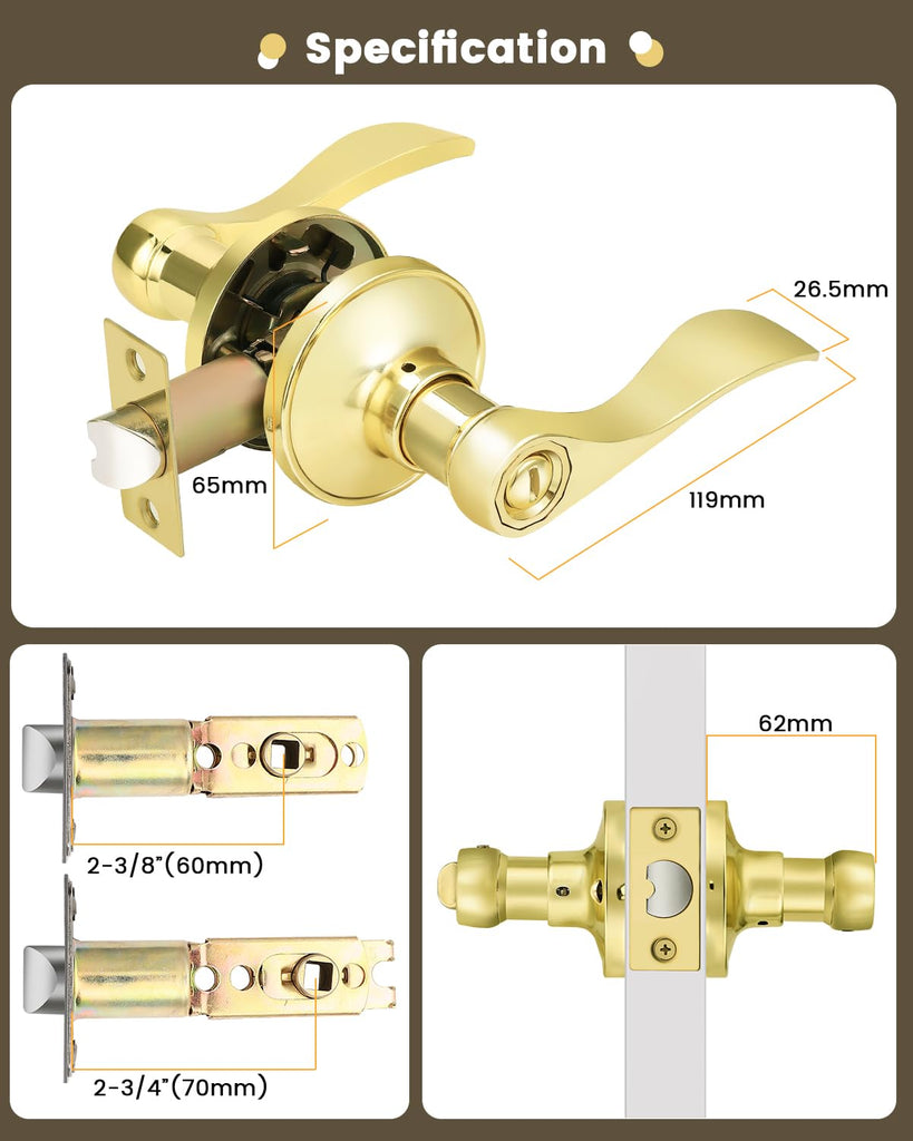 Drop Lever Bedroom Bathroom Door Locksets Privacy Locks in Polished Brass,Detachable Latch Plate,Reversible Levers