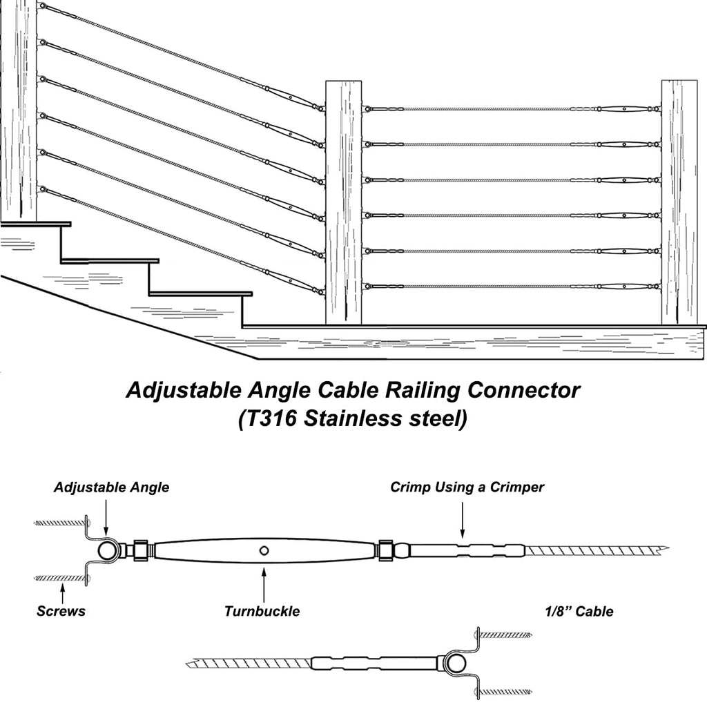 Stainless Steel Cable Railing Hardware Kit for 1/8" Cable Railing System, T316 Marine Grade, Adjustable Angle, 20