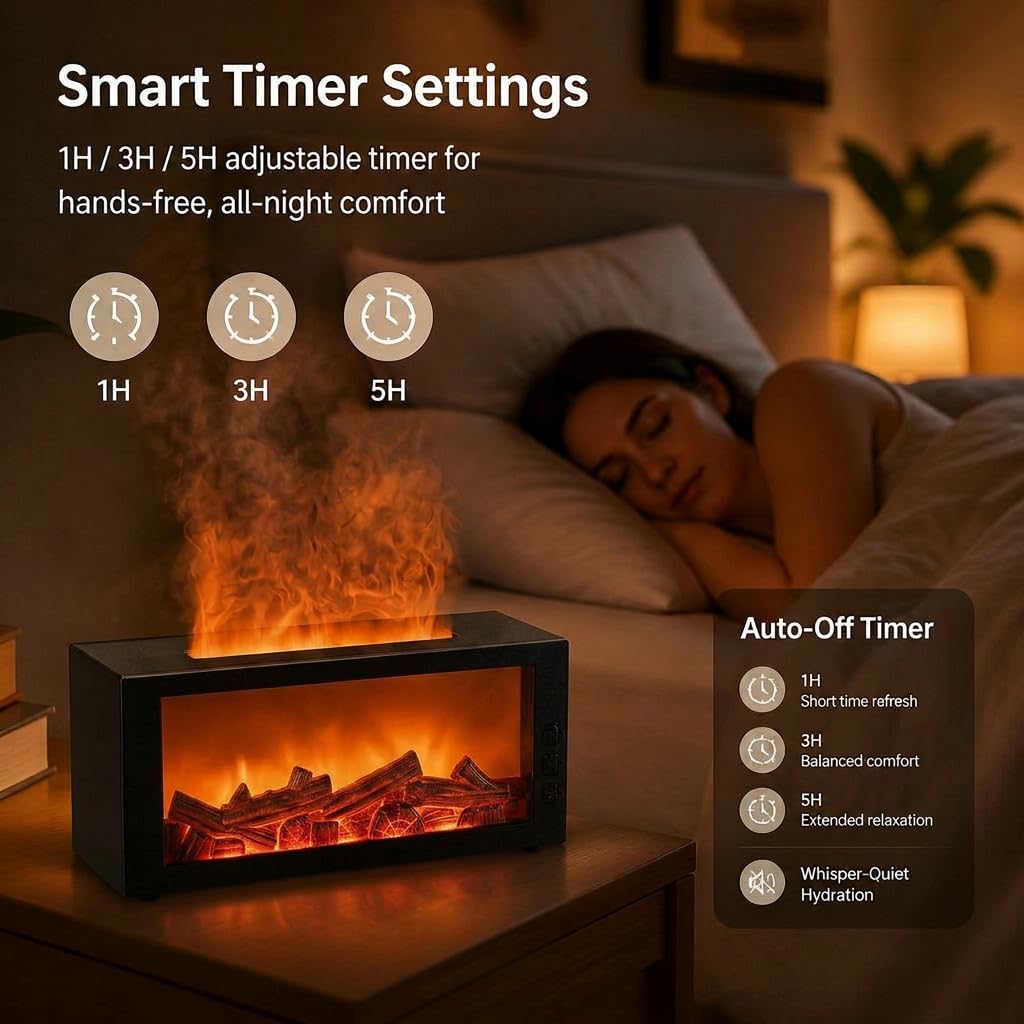 300ml Fireplace Flame Aromatherapy Diffuser Remote Timer 7 Color LED