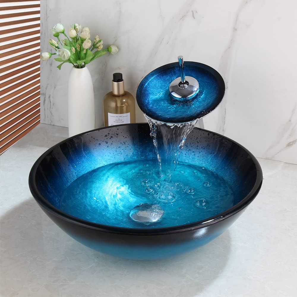 Bathroom Tempered Glass Vessel Sink Black & Blue Round Wash Basin Bowl Waterfall Mixer Chrome Brass Faucets Pop-up
