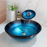 Bathroom Tempered Glass Vessel Sink Black & Blue Round Wash Basin Bowl Waterfall Mixer Chrome Brass Faucets Pop-up
