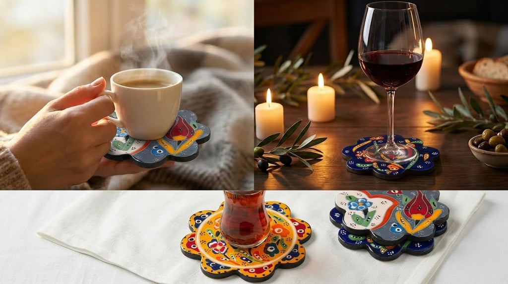Hand-Painted Turkish Ceramic Coaster Set (3 Pack) - Absorbent, Durable Drink Coasters for Coffee, Tea & Tabletop