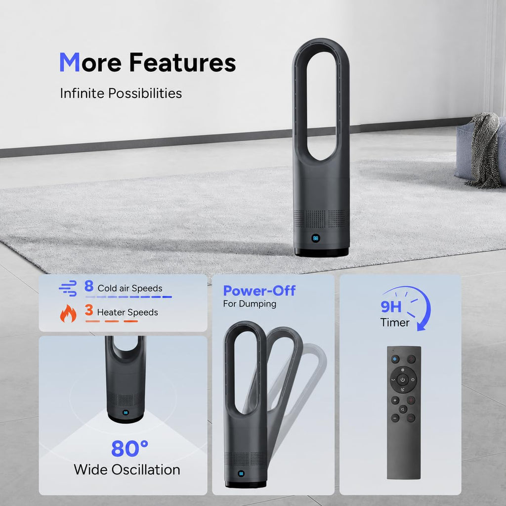 Bladeless Fan,22Inch Hot & Cooling Combo Tower Fan 80° Oscillating, 9H Timer, 8 Speeds, Portable Quiet for Indoor