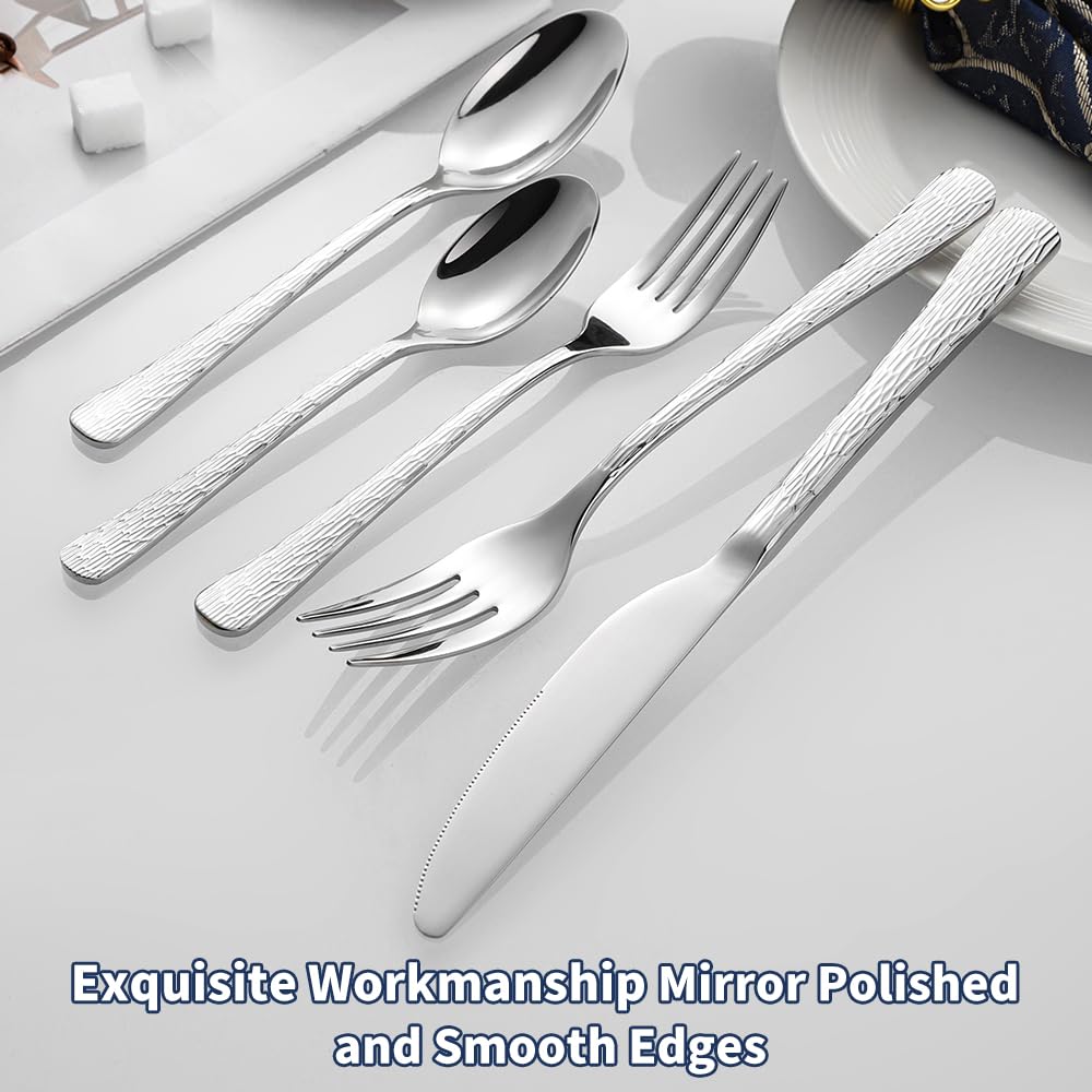 Black Hammered Silverware Set, Heavy Duty Flatware Set, 18/10 Stainless Steel Premium Cutlery with Unique Ripple