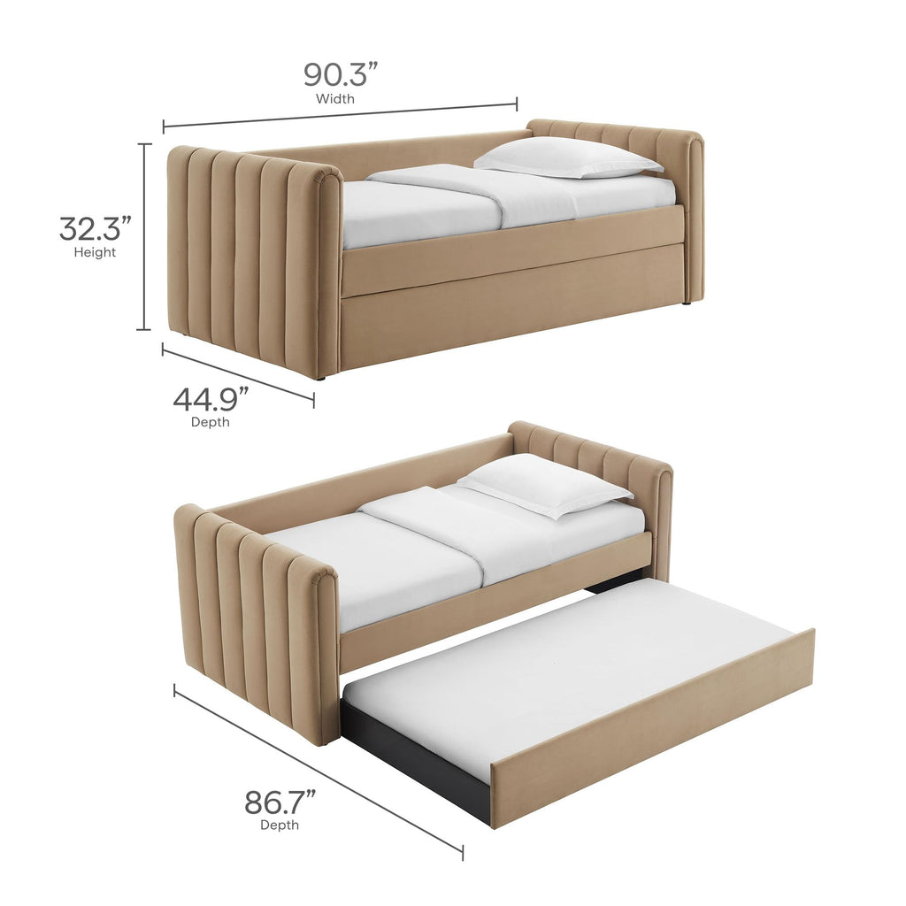 Veyla Twin Size Performance Velvet Daybed in Taupe with Trundle - Channel Tufted Upholstered Sofa Bed with Wood Slat