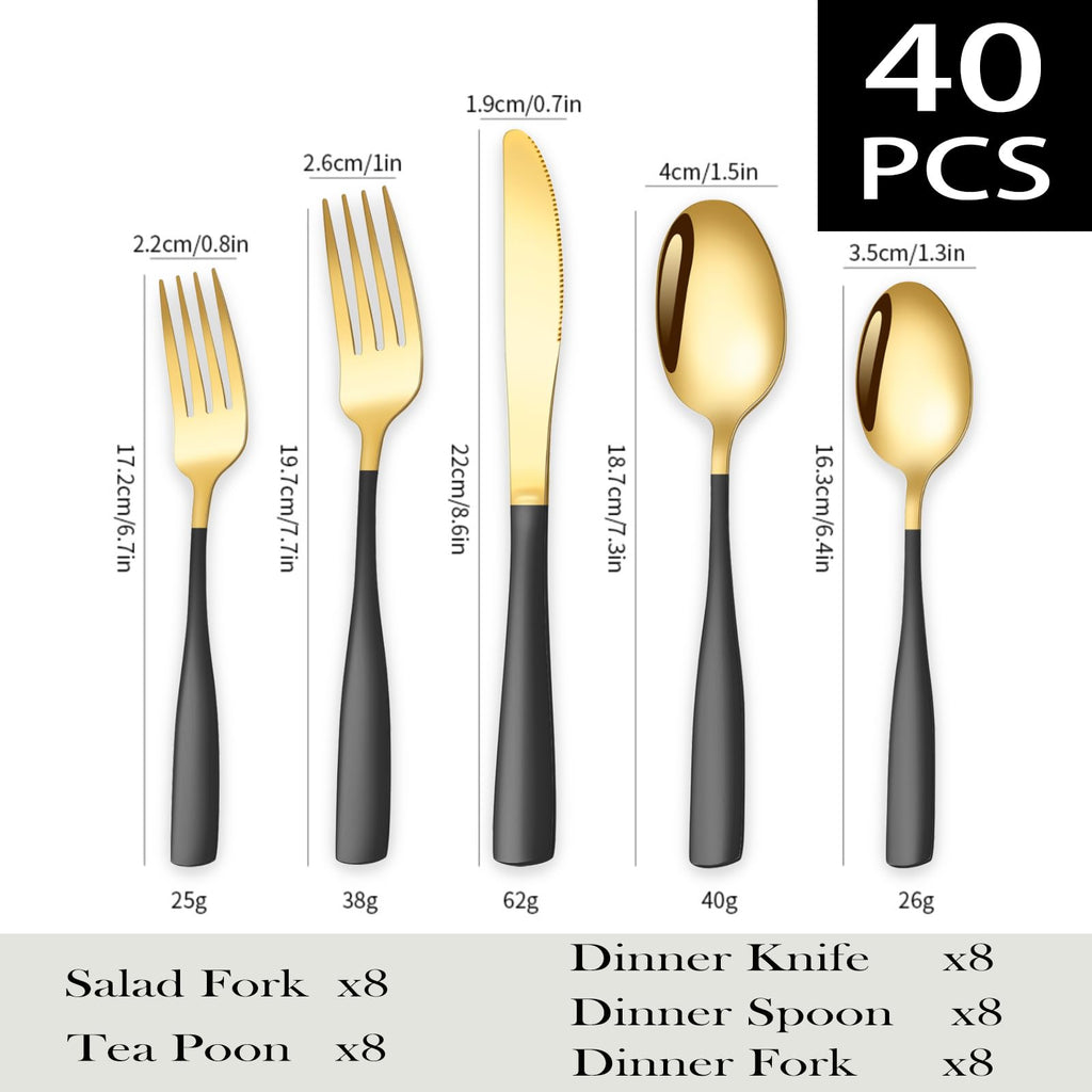 Black Gold Silverware Set for 8, Stainless Steel 40 Piece Modern Cutlery Set,Mirror Polished Heavy Duty Flatware Set