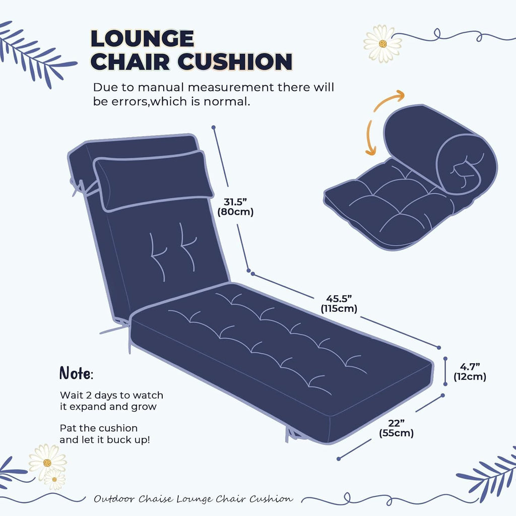 Waterproof Lounge Chair Cushion Set of 2, Outdoor Fade Resistant Chaise Lounger Replacement Cushions with 6 Ties
