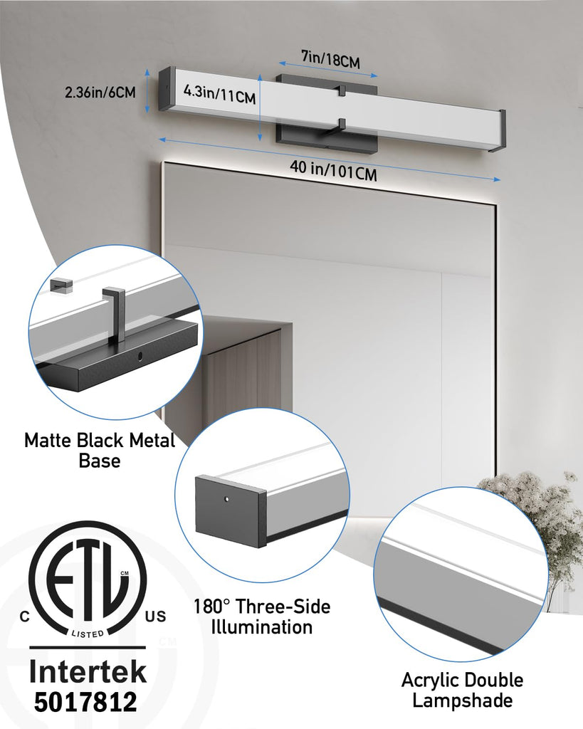 Modern LED Light Fixtures 40 Inch, 40W 3600 Lumen Dimmable Vanity Light, 5CCT Lights, Black, ETL Certified