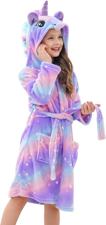 Girls Fleece Hooded Robe Toddler Warm Fuzzy Bathrobe