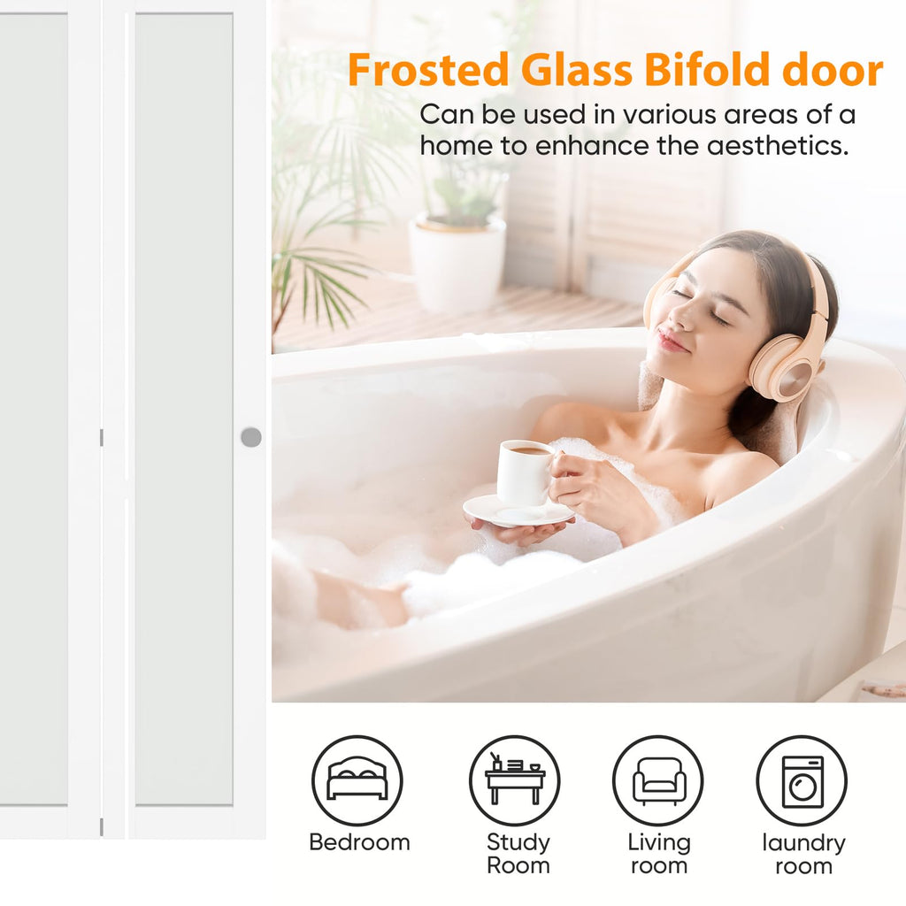 Bifold Doors, Full Lite Frosted Glass Panel Closet Door, Easy Installation, Folding Doors with Hardware Kits & Handle