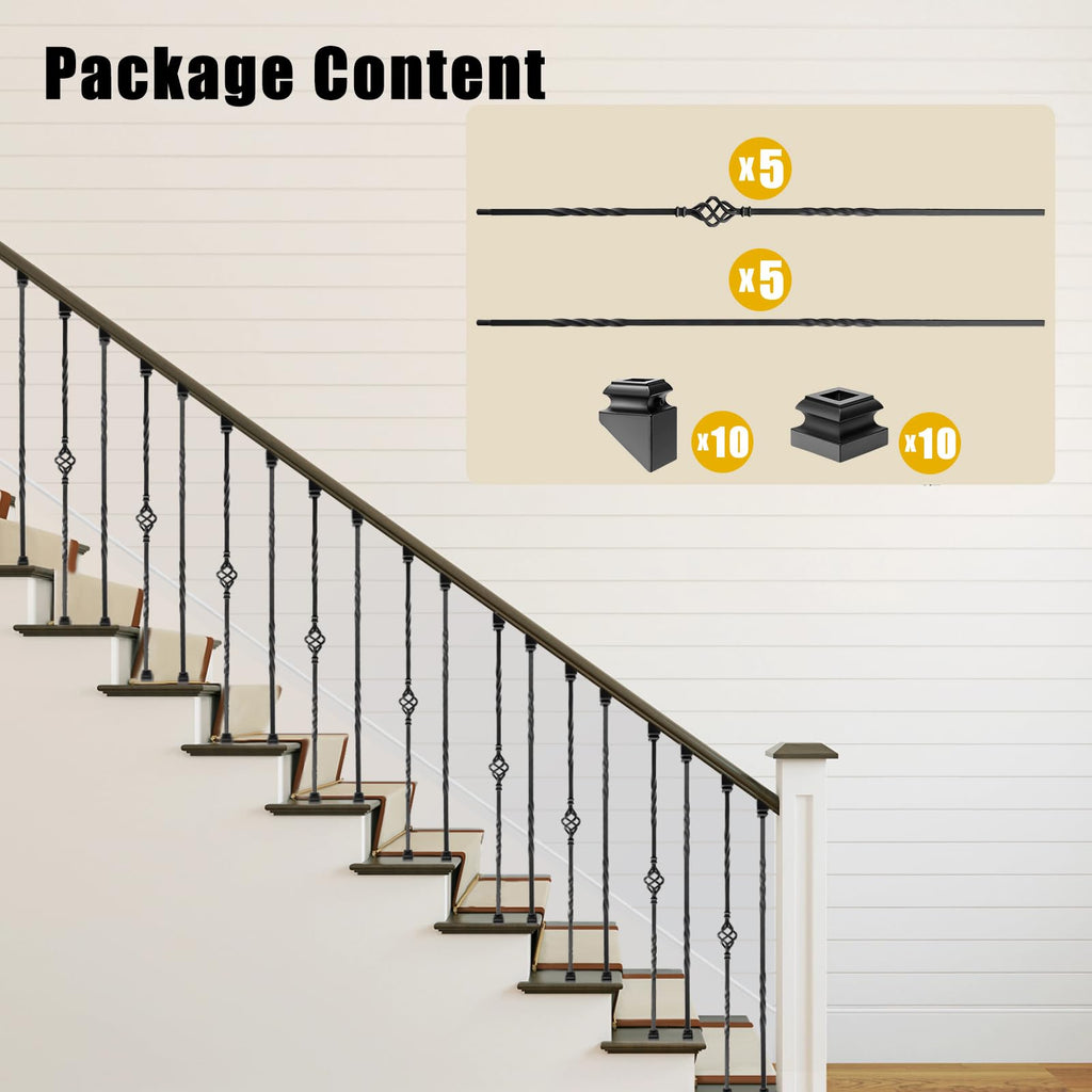 Wrought Iron Balusters, 10 Pack Metal Deck Spindles, 1/2" Deck Balusters Hollow Iron Spindles, Staircase Baluster (5