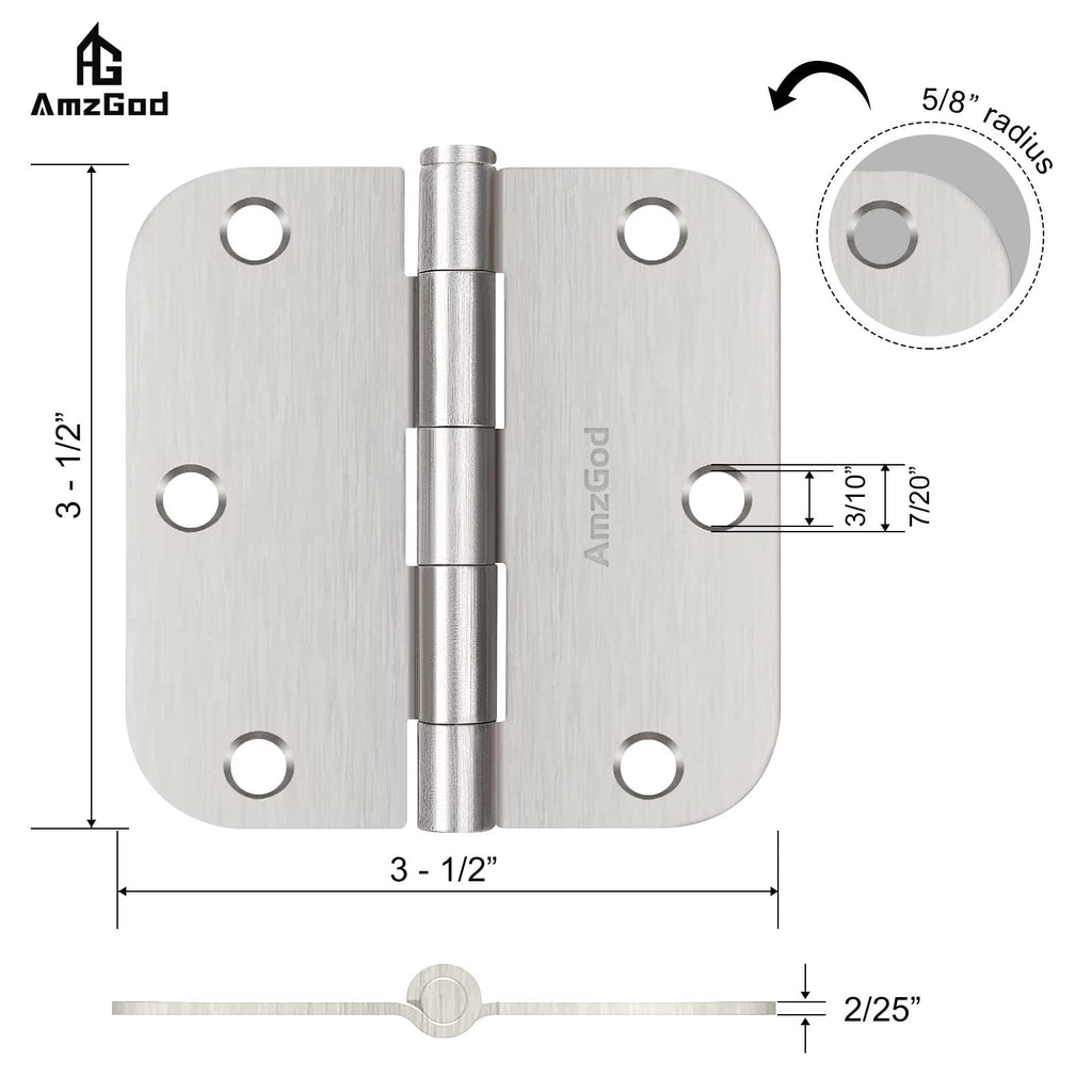 Door Hinges Brushed Nickel - 3 Pack Satin Nickel 3.5 Inch Rounded Interior Door Hinges with 5/8" Radius - Flat Iron