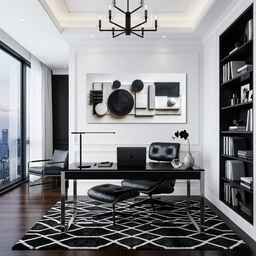 Black and White Geometric Shapes Wall Art Painting Canvas Prints Beautiful Circle Rectangle White Art Deco Elegant
