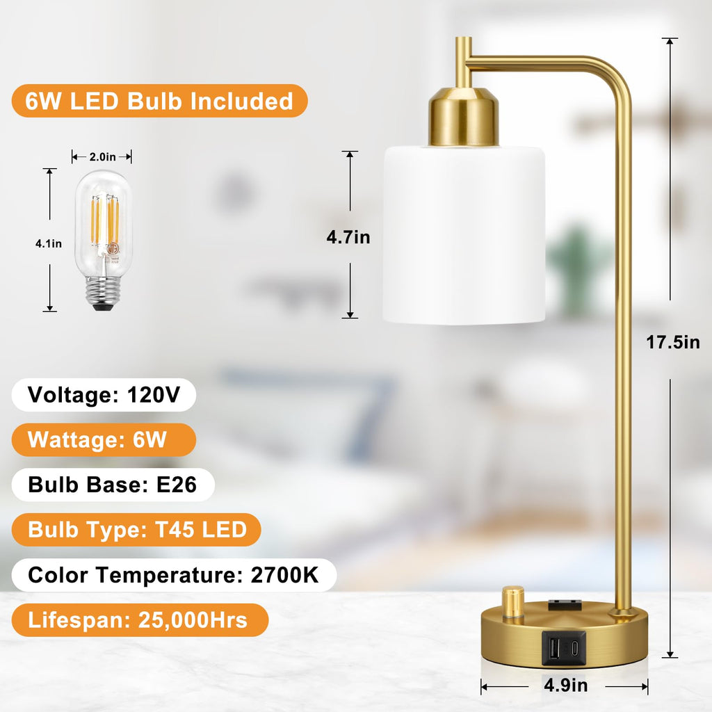 Gold Lamp - Industrial Bedside Table Lamp with USB Port and Outlet, Fully Dimmable Nightstand Lamp with Opal Glass