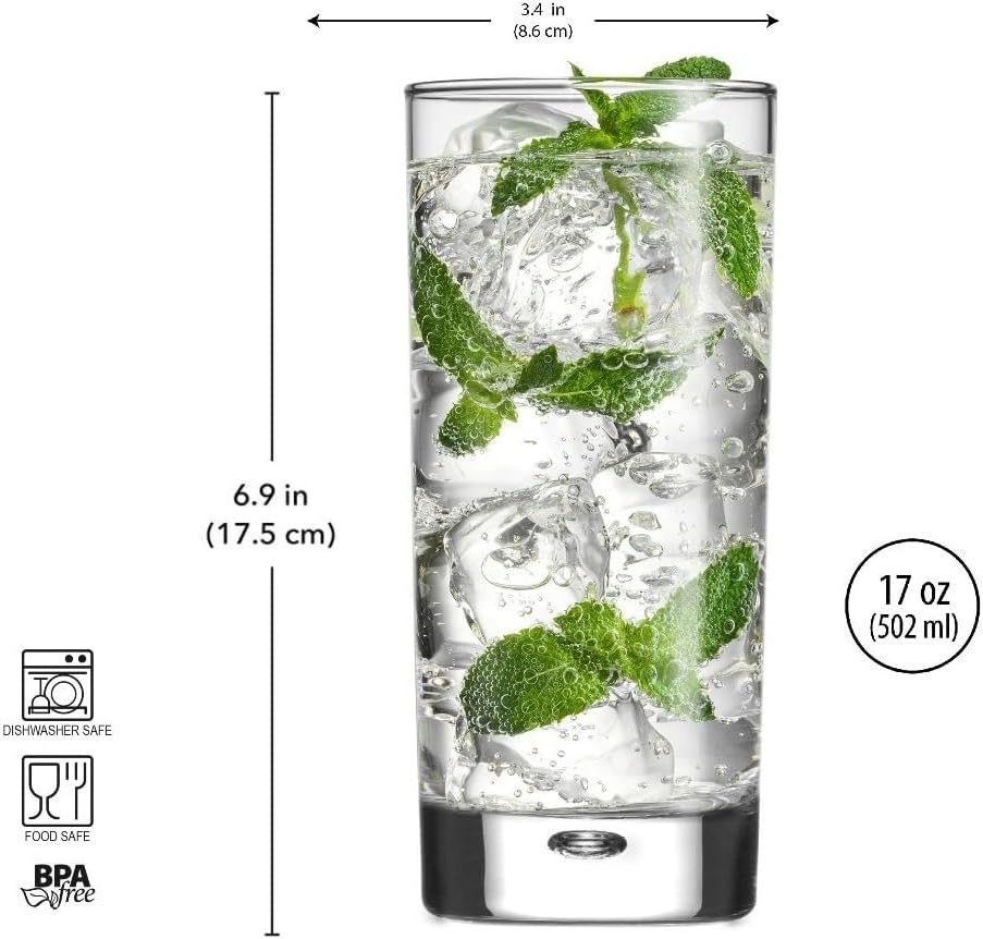 Highball Glasses set of 4, 17 oz Drinking Glasses, Red Series Heavy Bubble Base