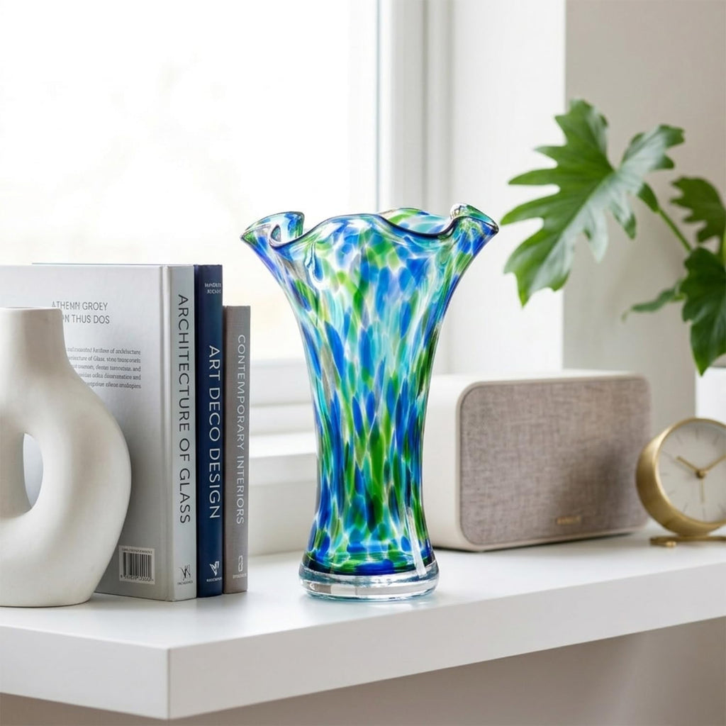 Hand Blown Glass Vase for Flowers, 9" Unique Murano Style Art Glass Vase, Wide Mouth Teal Turquoise Swirl Decorative