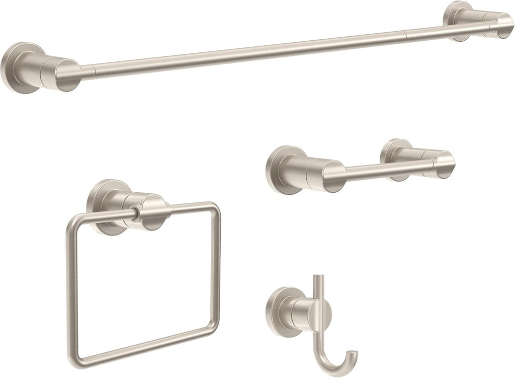 4-Piece SpotShield Brushed Nickel Bathroom Set Towel Rack, Ring, Toilet Paper Holder, Hook | Nicoli Bath Accessories