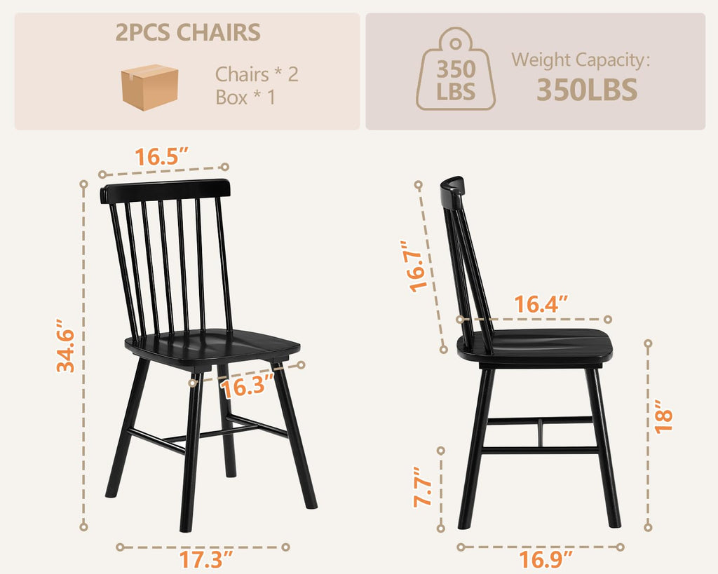 Windsor Dining Chairs Set of 2 with Spindle Back, Black