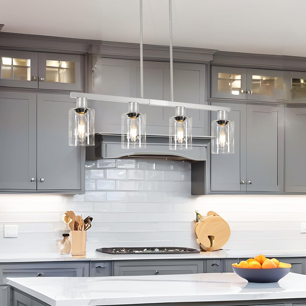 Brushed Nickel 4-Light Kitchen Island Lighting, Adjustable Island Lights with Clear Glass Shades - Kitchen Pendant
