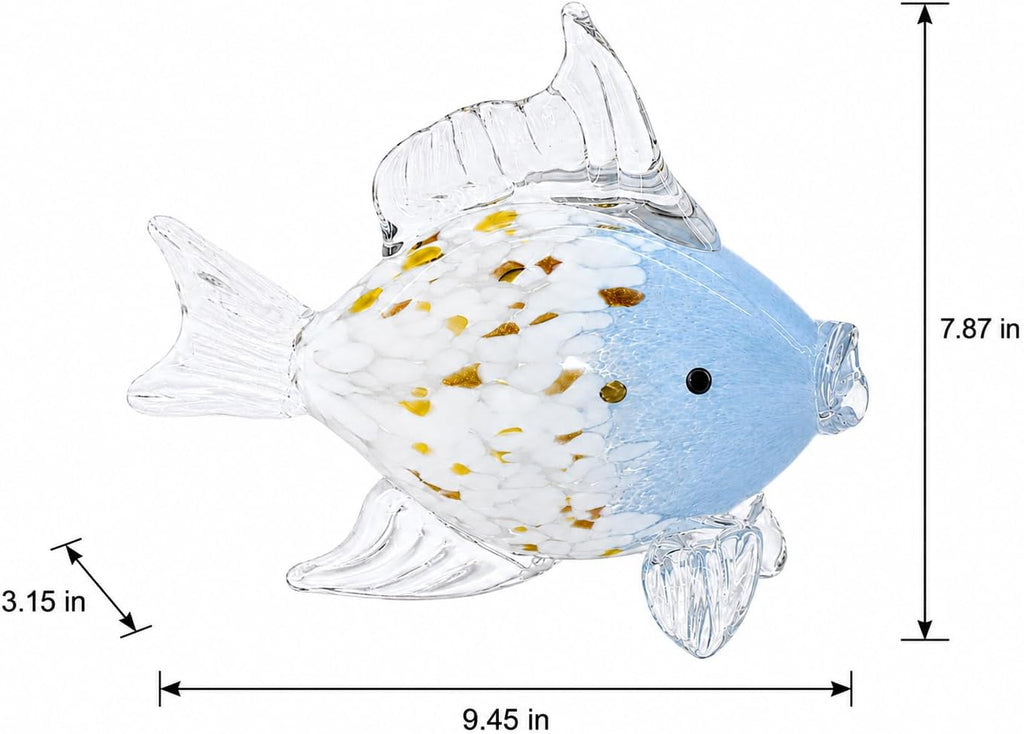Hand Blown Glass Fish Figurine, Blue White Coastal Shelf Decor