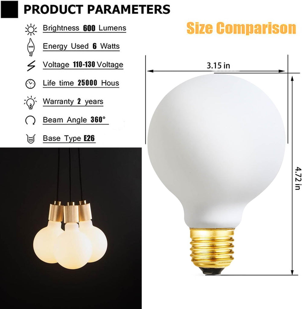 LED Light Bulb G25/G80 Dimmable Flick-Free Matt 6W Frosted Glass CRI95 Warm White 600LM, 60W Equivalent Vintage LED