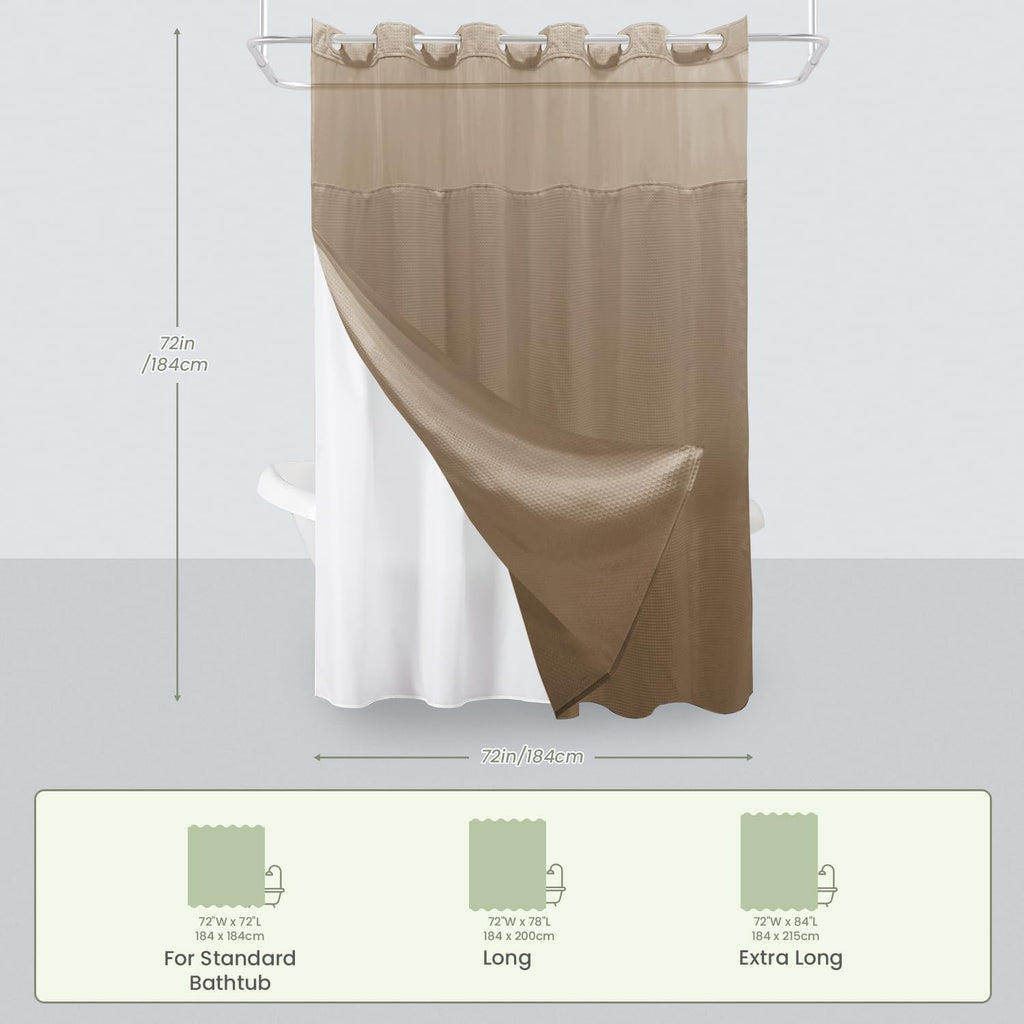 No Hook Shower Curtain with Snap-in Fabric Liner, Waffle Weave 230 GSM Polyester, Weighted Hem, Water Repellent