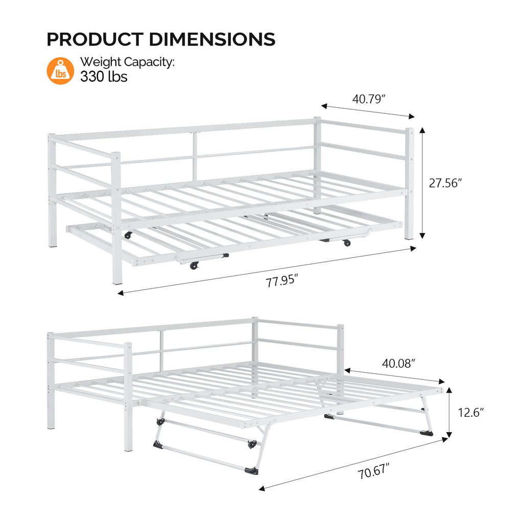 Daybed with Pop Up Trundle, Heavy Duty Metal Twin Bed with Trundle, No Box Spring Needed, White
