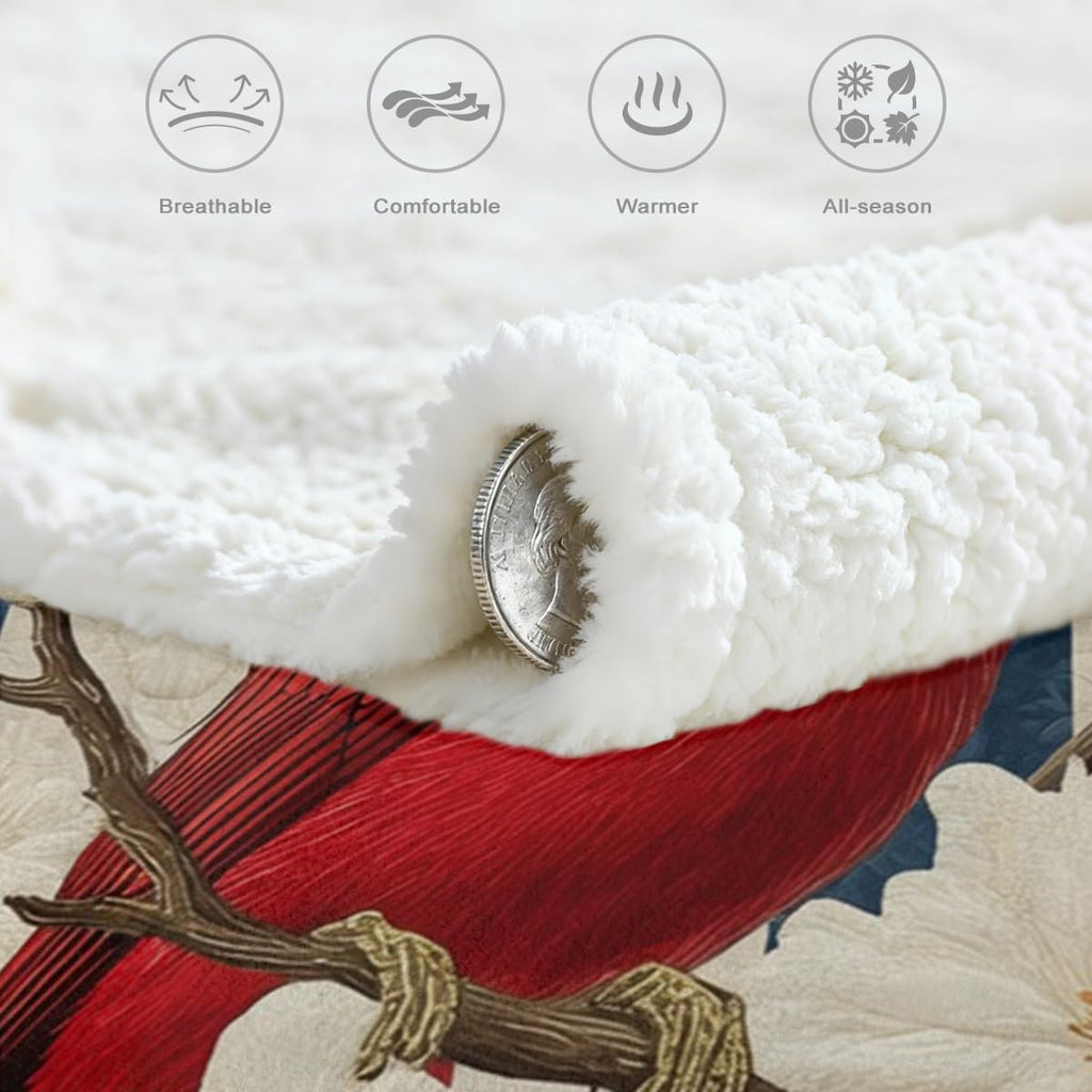 Cardinal Bird Sherpa Blanket with American Flag Stripe and White Blossom Design, Memorial Sympathy Gift Throw for