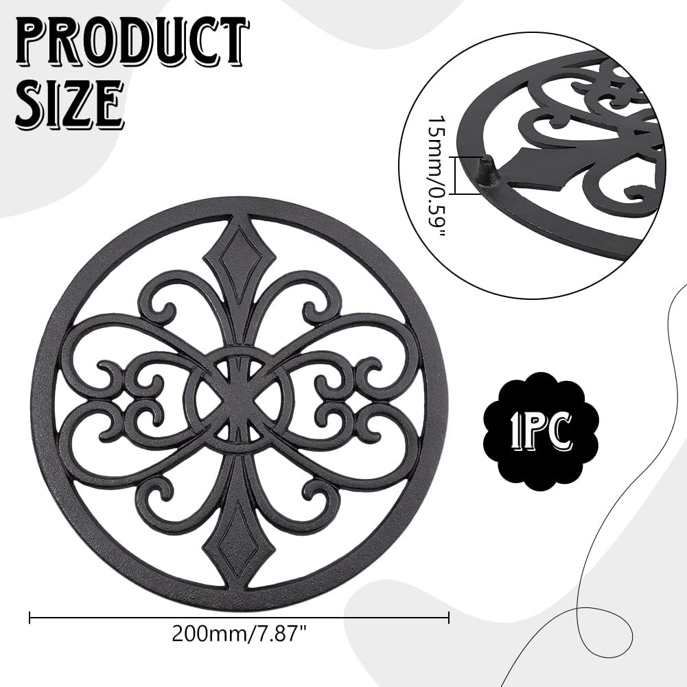 Decorative Cast Iron Trivet 8 Inch Heavy Duty Round Metal Hot Pot Holder for Dining Table and Kitchen Countertop