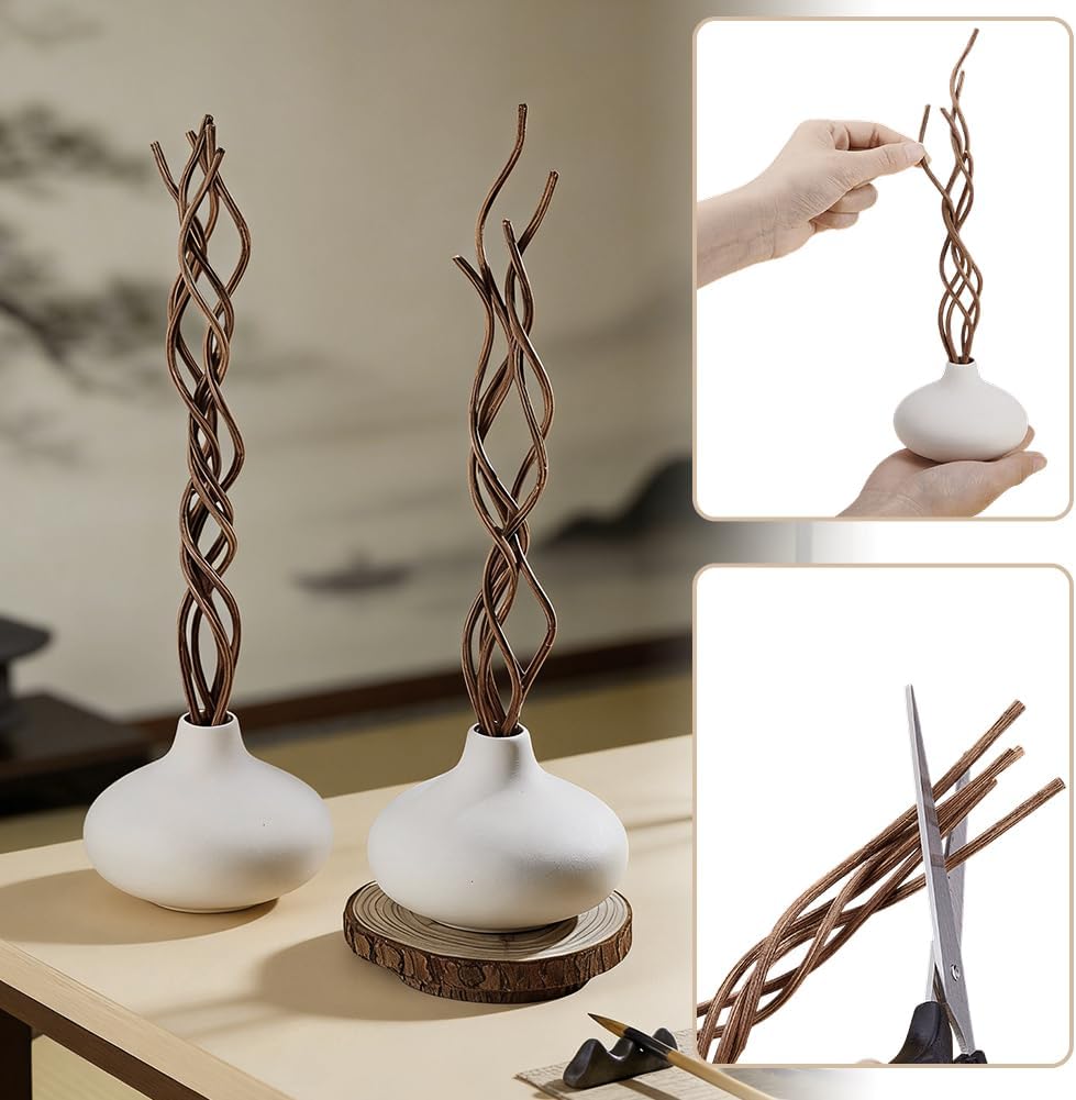 White Ceramic Vase Pottery Decorative Flower Vases with Brown Wavy Rattan Reed Diffuser Sticks Small - Set of 2