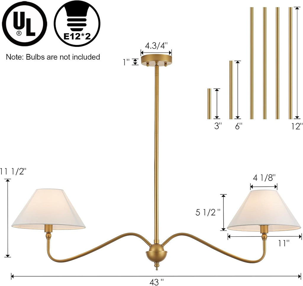 Modern Gold Linear Chandelier for Kitchen Island, 2-Light Linear Light Fixture with Off-White Fabric Shade, Rustic