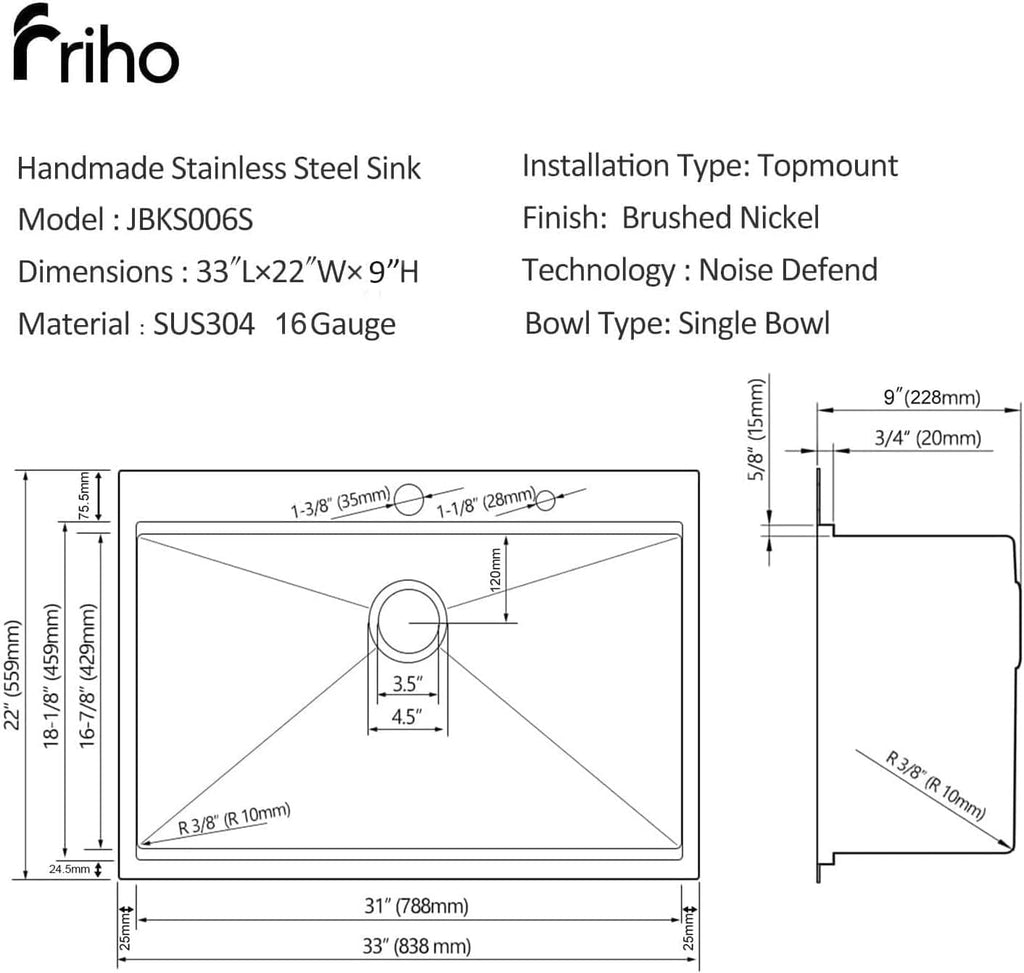 33x22 Inch Drop Sink, Single Bowl Workstation Handmade Farmhouse Topmount Stainless Steel Kitchen Sink with Dish