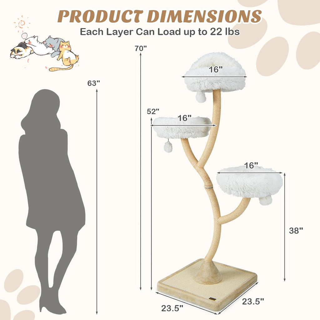 70" Tall Cat Tree, Cat Tower with Scratching Posts and Board, Multi-Level Cat Tower for Large Cats 20 lbs+ with 3