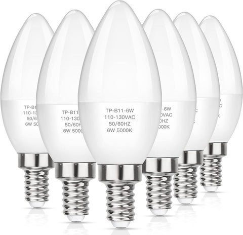 E12 LED Candelabra Light Bulbs 60W Equivalent, Daylight White 5000K 600 Lumen Chandelier Bulb, 6W B11 Candle Base