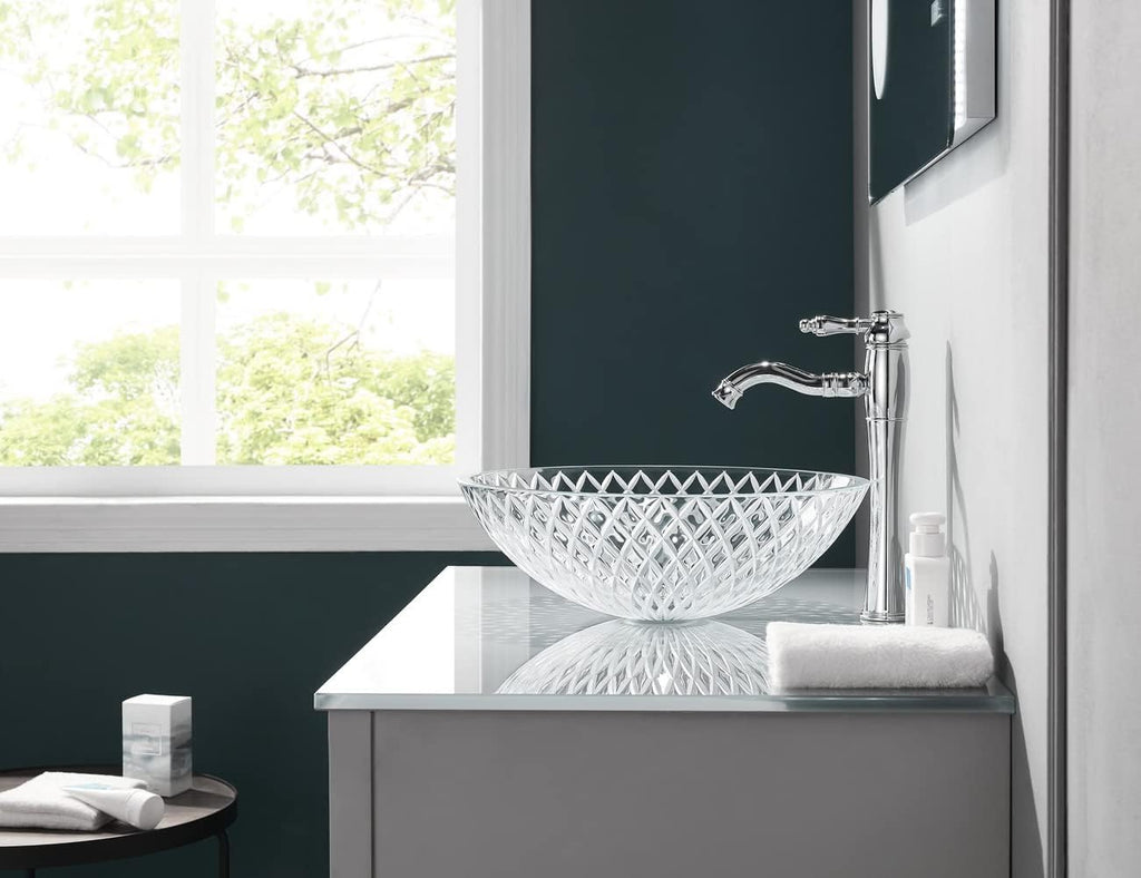 Tempered Deco Glass Luxuryhome Bathroom Sink in Crystal engraving Elegant | Top Mount Basin | Vanity Countertop Sink