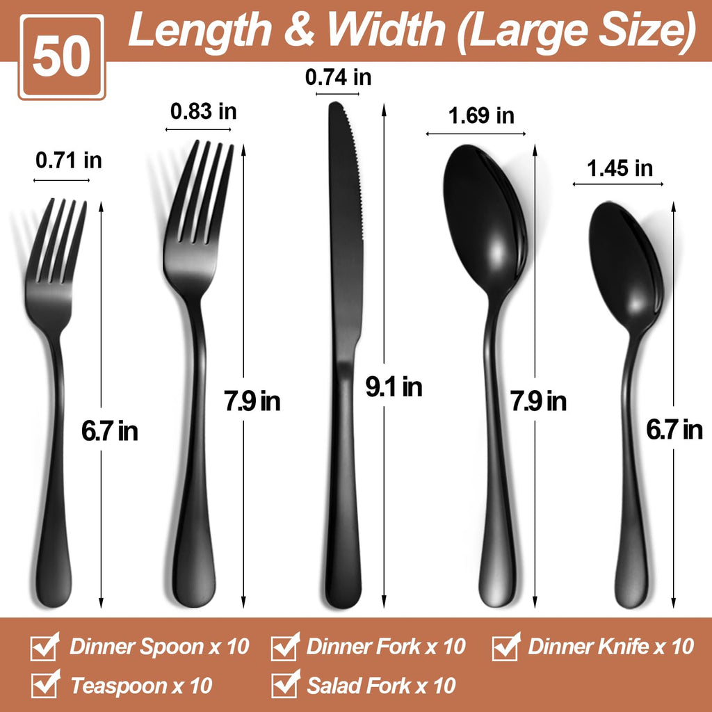 Black Silverware Set,50-Piece Stainless Steel Flatware Set for 10