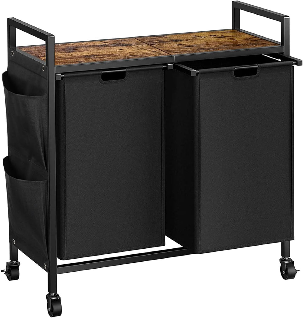 Double Laundry Hamper with Wheels, Rolling Laundry Basket Organizer | Laundry Hamper 2 section with Lid, Iron-Made