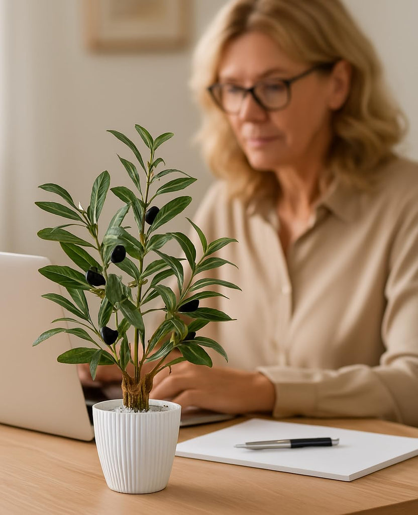 Faux Olive Tree, 16.9 Inches Small Fake Olive Trees with White Pot, Realistic Fake Tree Potted Plant and Lifelike