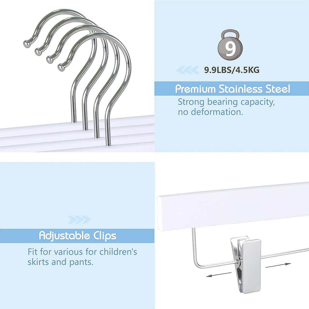 11.8 Inch White Wooden Pants Skirt Hangers for Kids Baby Toddler Children, Extra Thick Chrome Hooks & Anti-Wrinkle