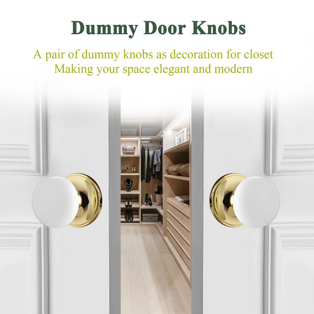 White Porcelain Door Knob with Zinc Plate, Gold Dummy Pull for Closet