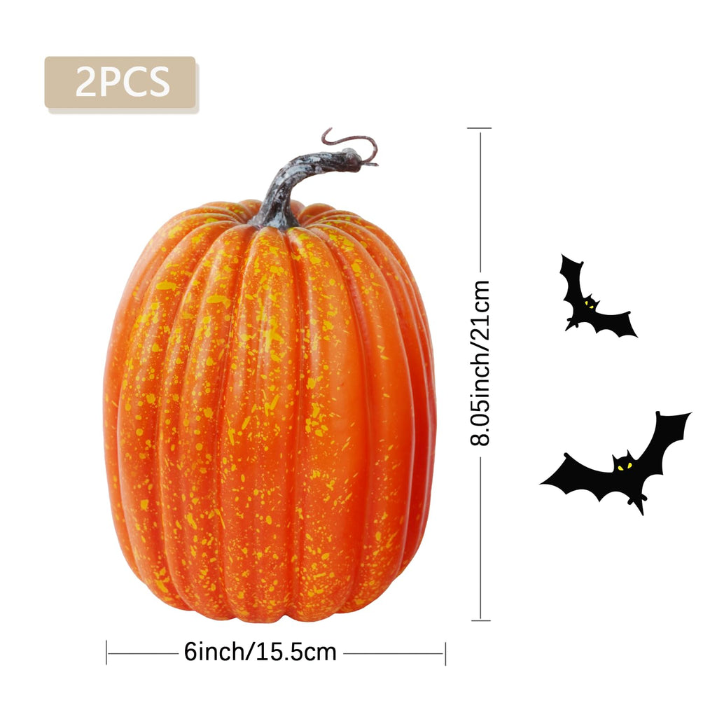 8 Inch Large Artificial Pumpkins, 2PCS Big Orange Drawing Line Faux Foam Harvest Pumpkins for Fall Thanksgiving