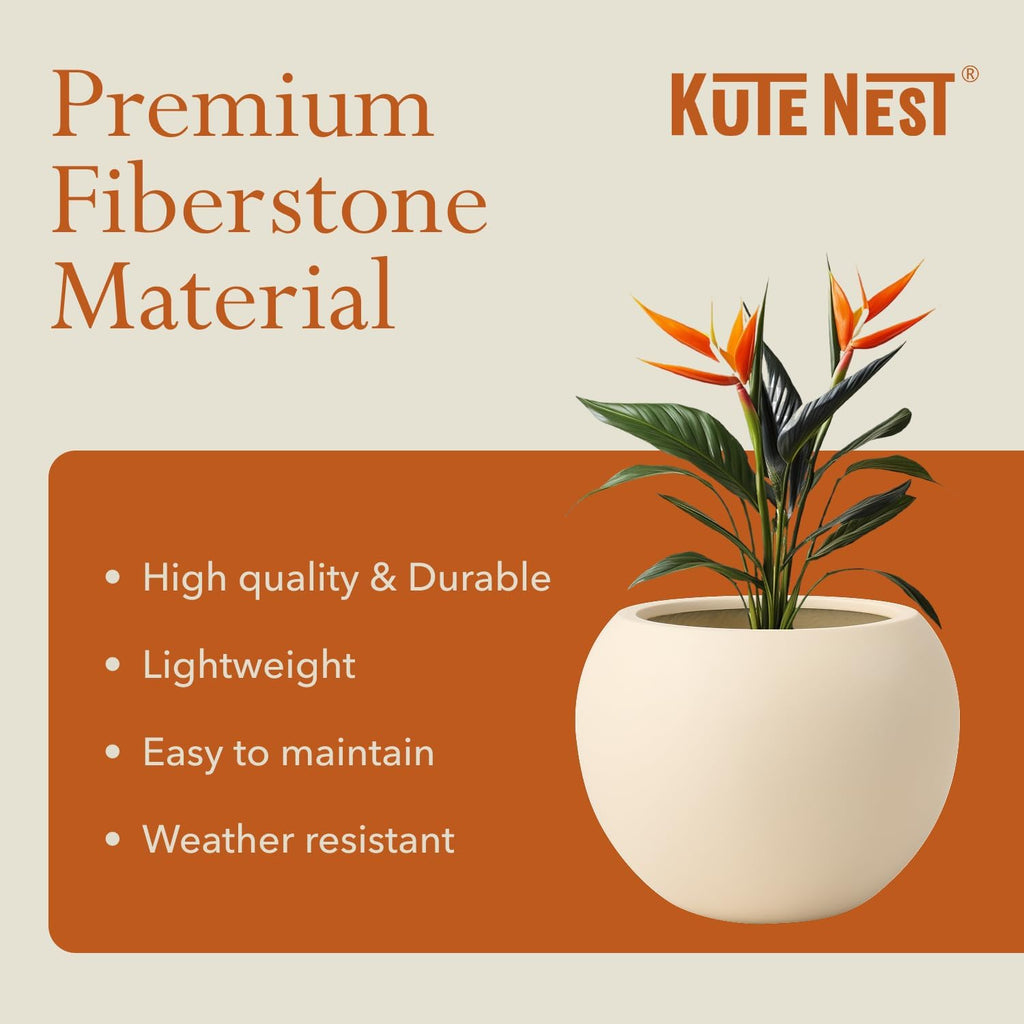 12.8" H x 16" D Premium Globo Fiberstone Planter - Kilim Beige | 10.7" Pot Opening, Included 2 Extra Coco Mats
