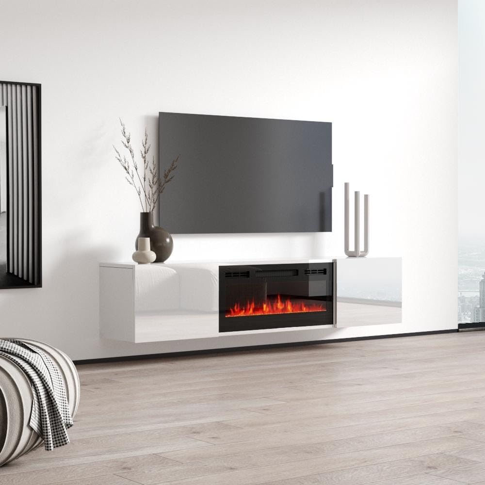 Cali BL-EF Electric Fireplace - Wall Mounted Media Console with Storage Cabinets - Modern High Gloss, 72