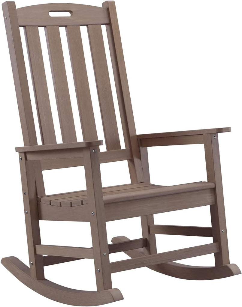 Oversized Outdoor Rocking Chair, HDPE Porch Rocker (Brown) | High Back Rocking Chairs for Adult, 350lbs Weight