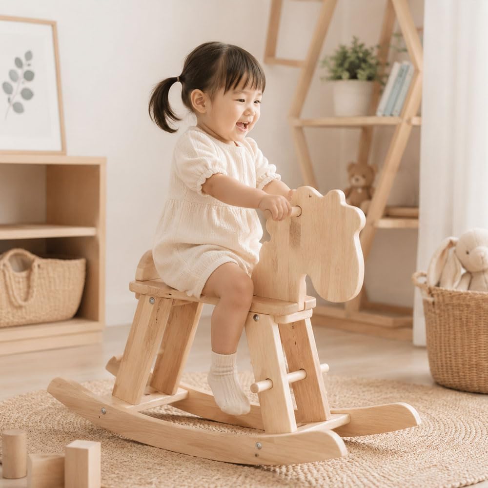 Natural Wooden Rocking Horse for Preschool (Ages 3-6) - Solid Rubber Wood, Safe & Comfortable Footrest, Supports