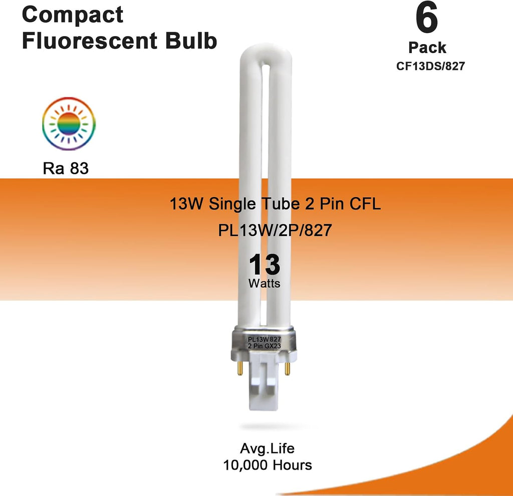 13W Single Tube 2 Pin GX23 Base Bulb, PLS13W27,2700K-6 Pack