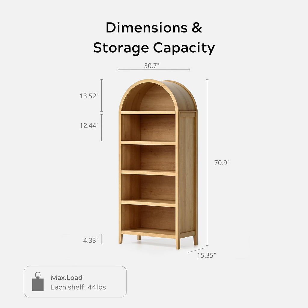 5 Tier Arched Bookshelf, 71" Tall Bookcase with Adjustable Shelves Wood Storage Cabinet Freestanding Display Kitchen