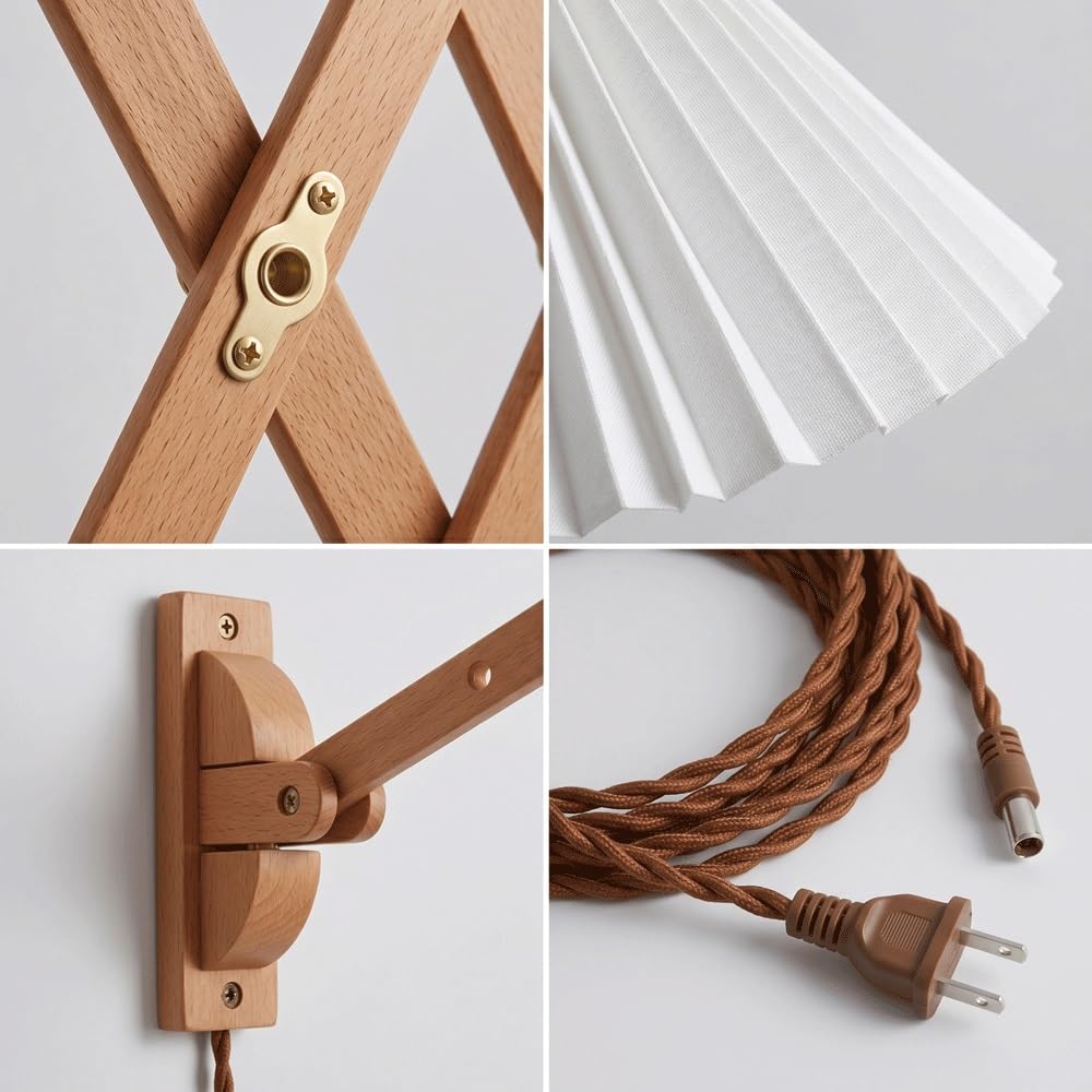 Extendable Wood Wall Sconce Lighting,Mid-Century Accordion Wall Light Fixture,Wall Lamp with Pleated Fabric