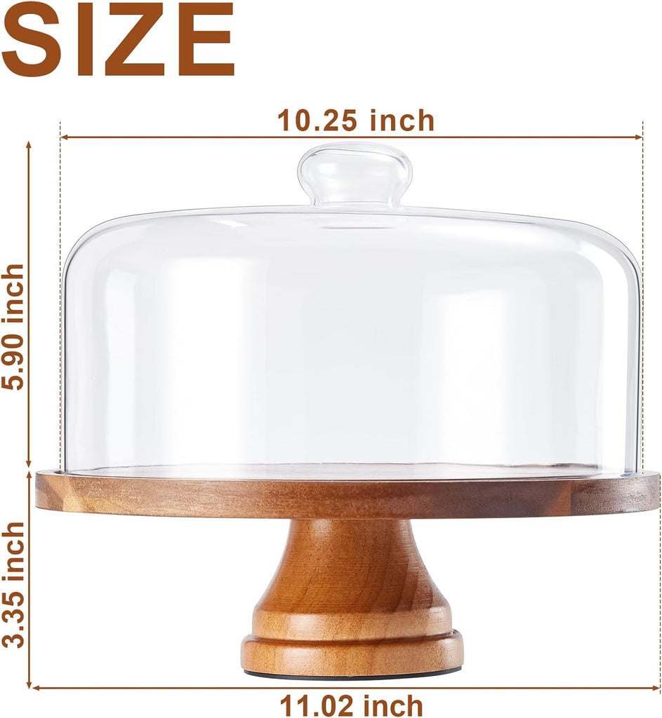 Cake Stand with Lid: 11in Rotating Wooden Cake Holder w/Glass Dome